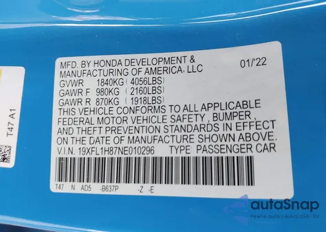 2022 Honda Civic Sport Touring из США, поврежденный, VIN 19XFL1H87NE010296